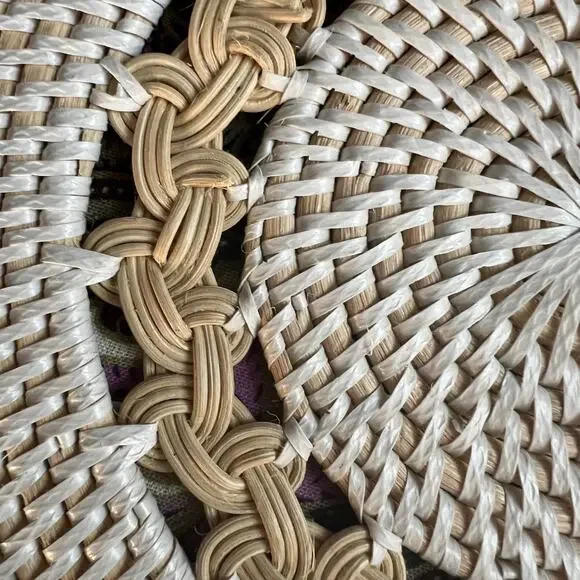 Round Woven Straw Crossbody Bag Boho Basket Purse Leather Strap - Picture 10 of 11